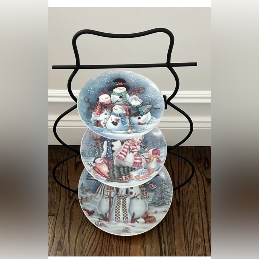 RETIRED Vintage At Home America 3-Tier Holiday Snowmen Tabletop Serving Set